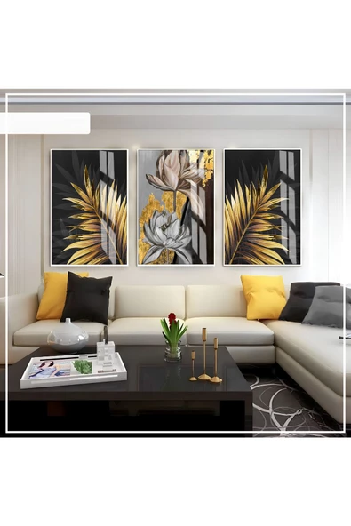 Harikabirev HARİKABİREV|SİYAH-GOLD YAPRAK ÇİÇEK SETİ 01|ÇERÇEVELİ CAM TABLO 3LÜ DİKEY ürün görseli