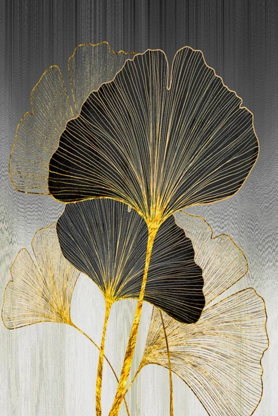 Harikabirev HARİKABİREV|GRİ-SİYAH-GOLD SOFT SOYUT YAPRAK SETİ |ÇERÇEVELİ CAM TABLO 3LÜ DİKEY - Resim 2