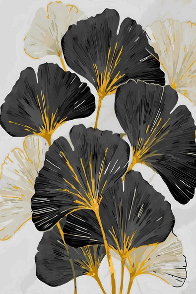 Harikabirev HARİKABİREV|GRİ-SİYAH-GOLD SOFT SOYUT YAPRAK SETİ |ÇERÇEVELİ CAM TABLO 3LÜ DİKEY - Resim 4