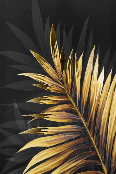 Harikabirev HARİKABİREV|SİYAH-GOLD YAPRAK ÇİÇEK SETİ 01|ÇERÇEVELİ CAM TABLO 3LÜ DİKEY - Resim 4