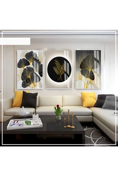 Harikabirev HARİKABİREV|GRİ-SİYAH-GOLD SOFT SOYUT YAPRAK SETİ |ÇERÇEVELİ CAM TABLO 3LÜ DİKEY ürün görseli