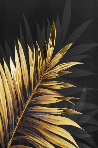 Harikabirev HARİKABİREV|SİYAH-GOLD YAPRAK ÇİÇEK SETİ 01|ÇERÇEVELİ CAM TABLO 3LÜ DİKEY - Resim 2