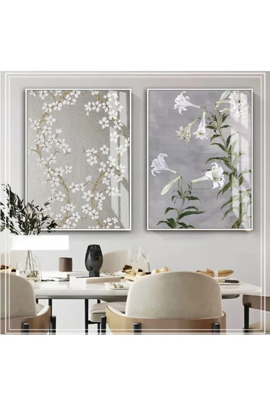 Harikabirev HARİKABİREV|GRİ-BEYAZ ÇİÇEK KOMBİNİ YENİ|ÇERÇEVELİ CAM TABLO  2Lİ DİKEY ürün görseli