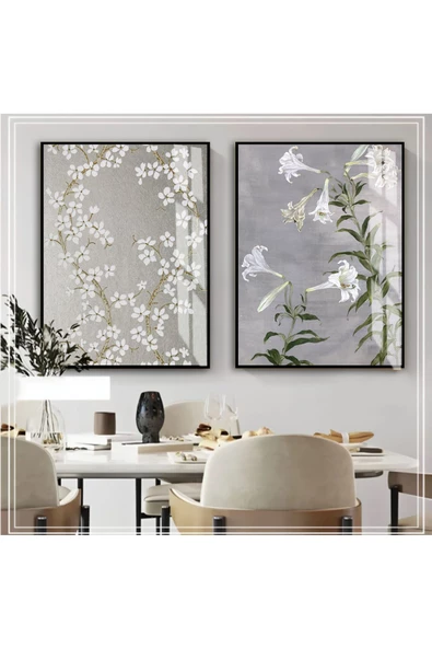 Harikabirev HARİKABİREV|GRİ-BEYAZ ÇİÇEK KOMBİNİ YENİ|ÇERÇEVELİ CAM TABLO  2Lİ DİKEY ürün görseli
