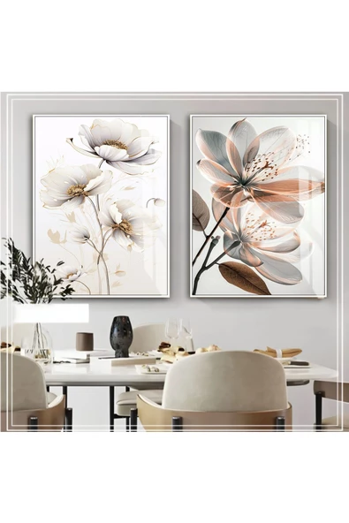 Harikabirev HARİKABİREV|SOFT RENKLER ÇİÇEK KOMBİNİ 01|ÇERÇEVELİ CAM TABLO  2Lİ DİKEY