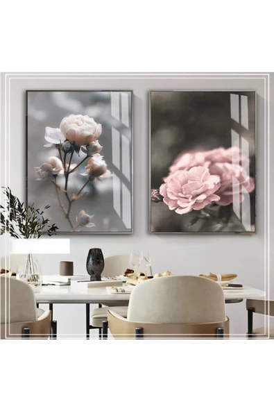 Harikabirev HARİKABİREV|SOFT PEMBE ÇİÇEK KOMBİNİ 01 |ÇERÇEVELİ CAM TABLO  2Lİ DİKEY ürün görseli