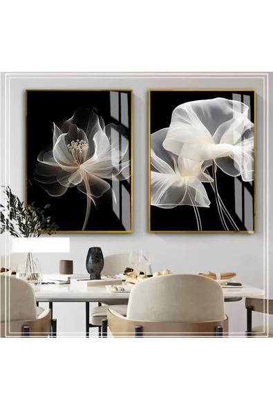 Harikabirev HARİKABİREV|BEYAZ SİYAH RENK ÇİÇEK KOMBİNİ 01 YENİ|ÇERÇEVELİ CAM TABLO  2Lİ DİKEY ürün görseli