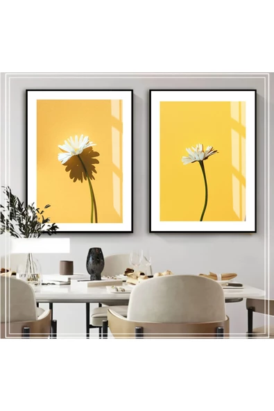 Harikabirev HARİKABİREV|SARI-BEYAZ ÇİÇEK KOMBİNİ 02|ÇERÇEVELİ CAM TABLO  2Lİ DİKEY ürün görseli