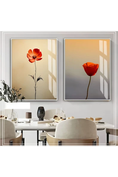 Harikabirev HARİKABİREV|KIRMIZI ÇİÇEK KOMBİNİ YENİ 001 |ÇERÇEVELİ CAM TABLO  2Lİ DİKEY ürün görseli