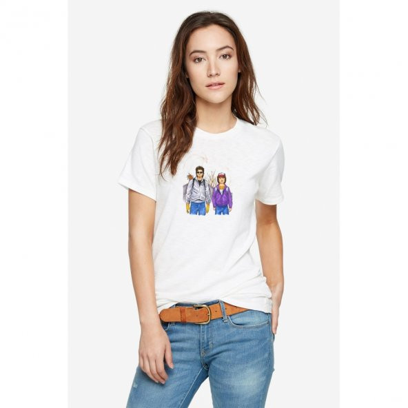 Stranger Things Steve Dustin Baskılı Beyaz Kadın Tshirt - 1