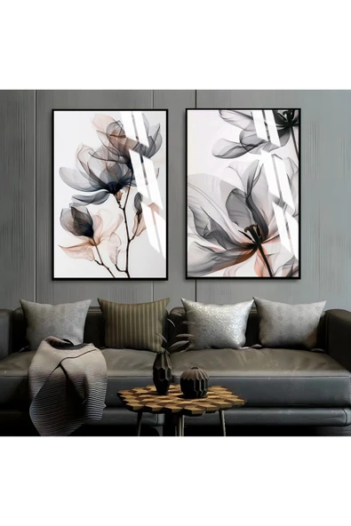 Harikabirev HARİKABİREV|SOFT SİYAH KIRMIZI ÇİÇEKLER 1|ÇERÇEVELİ CAM TABLO  2Lİ DİKEY ürün görseli