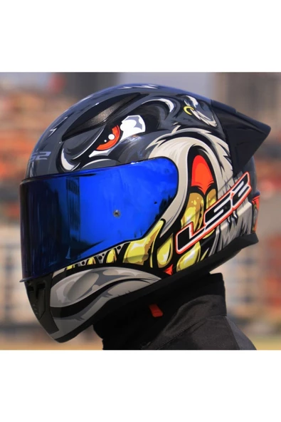 LS2 RAPID 2 RACE SPOX GRİ-KIRMIZI KAPALI MOTOSİKLET KASKI MAVİ CAMLI - 3