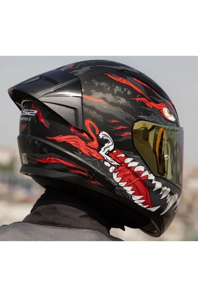 LS2 Rapıd 2 Race Kaıju Mat Siyah-Kırmızı Fullface Motosiklet Kaskı Gold Camlı - 2