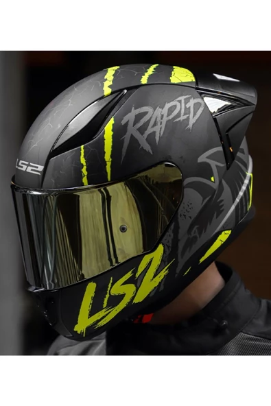 LS2 RAPID 2 RACE RAVEN MAT SİYAH-GRİ-NEON SARI FULLFACE MOTOSİKLET KASKI GOLD CAMLI - 5