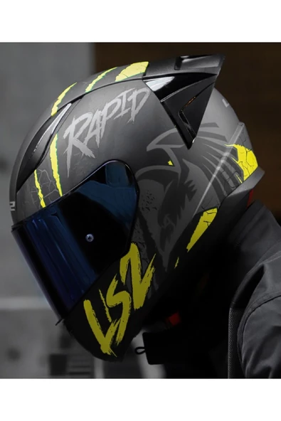 LS2 RAPID 2 RACE RAVEN MAT SİYAH-GRİ-NEON SARI FULLFACE MOTOSİKLET KASKI MAVİ CAMLI