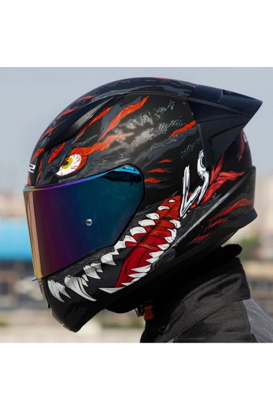 LS2 Rapıd 2 Race Kaıju Mat Siyah-Kırmızı Fullface Motosiklet Kaskı Gökkuşağı Camlı
