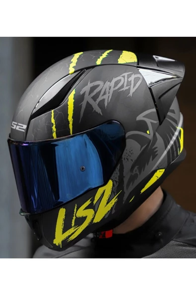 LS2 RAPID 2 RACE RAVEN MAT SİYAH-GRİ-NEON SARI FULLFACE MOTOSİKLET KASKI MAVİ CAMLI - 2