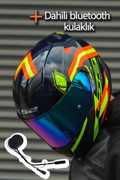LS2 Stream Evo Reflex Mavi Turuncu Kask + Dahili Bluetooth Kulaklık