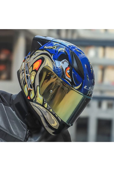LS2 RAPID 2 RACE SPOX MAVİ-GRİ KAPALI MOTOSİKLET KASKI GOLD CAMLI - 2