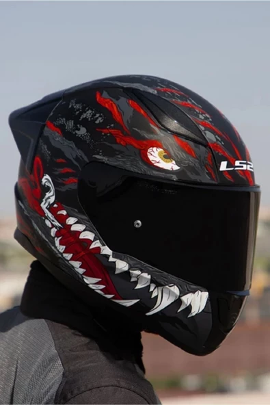 LS2 RAPID 2  KAIJU MAT SİYAH-KIRMIZI-BEYAZ KASK SİYAH CAMLI
