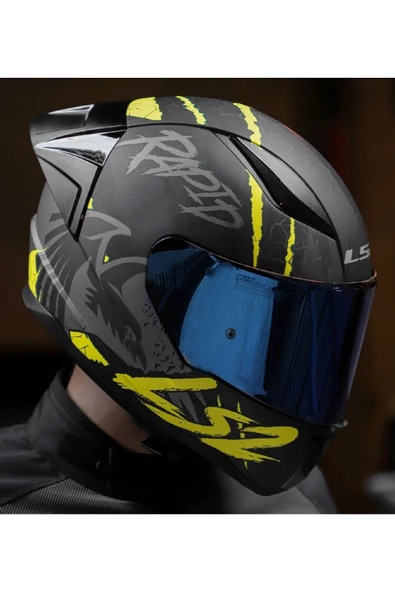 LS2 RAPID 2 RACE RAVEN MAT SİYAH-GRİ-NEON SARI FULLFACE MOTOSİKLET KASKI MAVİ CAMLI - 4