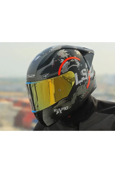 LS2 RAPID 2 RACE CIRCLE KAPALI MOTOSİKLET KASKI MAT SİYAH-KIRMIZI GOLD CAM - 3