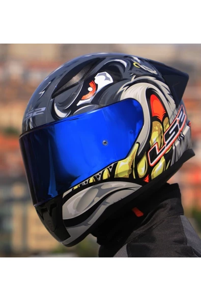 LS2 RAPID 2 RACE SPOX GRİ-KIRMIZI KAPALI MOTOSİKLET KASKI MAVİ CAMLI - 2