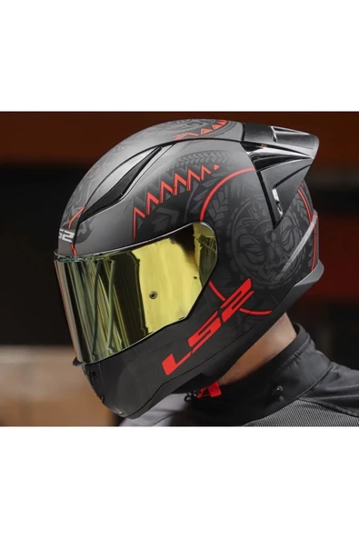 LS2 Rapıd 2 Race Takaroa Mat Siyah-Kırmızı Fullface Motosiklet Kaskı Gold Camlı - 3