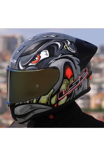 LS2 RAPID 2 RACE SPOX GRİ-KIRMIZI KAPALI MOTOSİKLET KASKI GOLD CAMLI