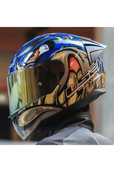 LS2 RAPID 2 RACE SPOX MAVİ-GRİ KAPALI MOTOSİKLET KASKI GOLD CAMLI