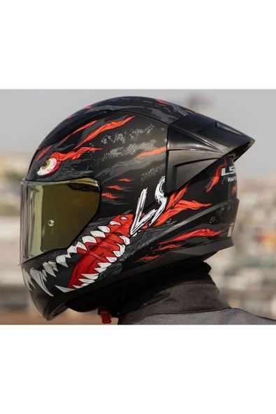 LS2 Rapıd 2 Race Kaıju Mat Siyah-Kırmızı Fullface Motosiklet Kaskı Gold Camlı - 3