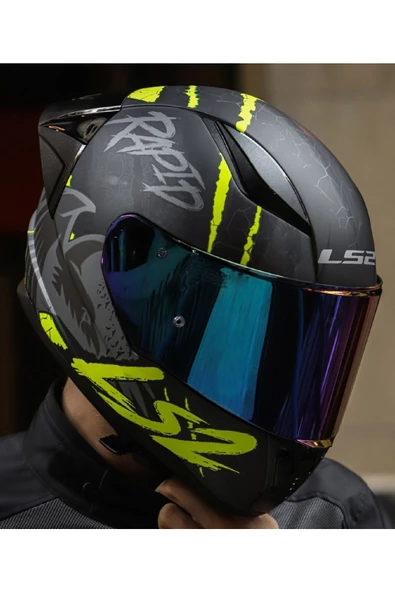 LS2 RAPID 2 RACE RAVEN MAT SİYAH-GRİ-NEON SARI FULLFACE MOTOSİKLET KASKI GÖKKUŞAĞI CAMLI - 3