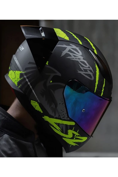 LS2 RAPID 2 RACE RAVEN MAT SİYAH-GRİ-NEON SARI FULLFACE MOTOSİKLET KASKI GÖKKUŞAĞI CAMLI - 2