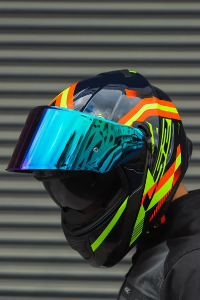 LS2 Stream Evo Reflex Mavi Turuncu Kask + Dahili Bluetooth Kulaklık - Resim 8