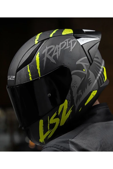 LS2 RAPID 2 RACE RAVEN MAT SİYAH-GRİ-NEON SARI FULLFACE MOTOSİKLET KASKI SİYAH CAMLI