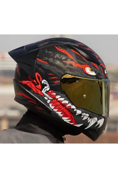 LS2 Rapıd 2 Race Kaıju Mat Siyah-Kırmızı Fullface Motosiklet Kaskı Gold Camlı