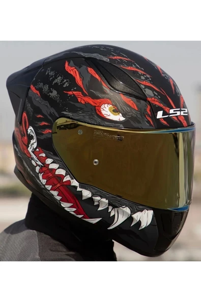 LS2 Rapıd 2 Race Kaıju Mat Siyah-Kırmızı Fullface Motosiklet Kaskı Gold Camlı - 4