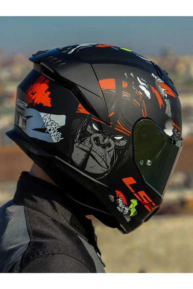 LS2 STREAM 2 ANGRY MONKEY MAT SİYAH-KIRMIZI KASK - 2