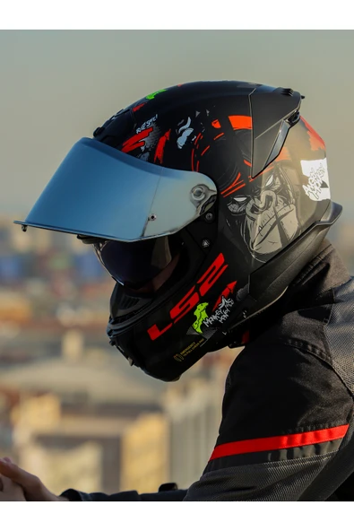 LS2 STREAM 2 ANGRY MONKEY MAT SİYAH-KIRMIZI KASK - Resim 7