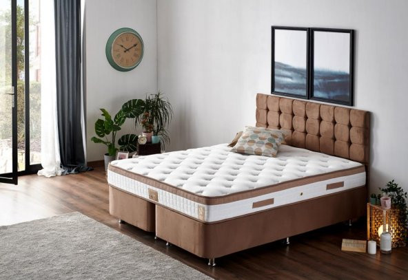 Niron Latte 160x200 cm Çift Kişilik Yatak Baza Başlık Seti - Sert Yatak, Kumaş Baza ve Başlık Takımı