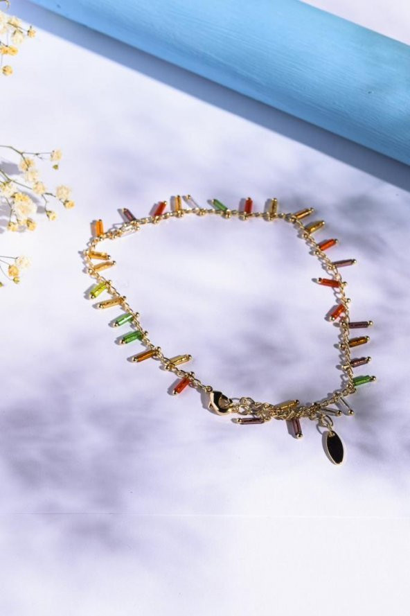 Altın Rengi Kristal Boncuk Sallantılı Zincir Halhal, Ayak Bilekliği - 2