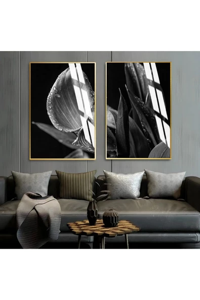Harikabirev HARİKABİREV|SİYAH-BEYAZ YAPRAK ÇİÇEK KOMİBİNİ 01 |ÇERÇEVELİ CAM TABLO  2Lİ DİKEY ürün görseli