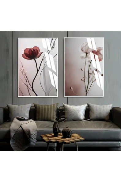 Harikabirev HARİKABİREV|SOFT GRİ KIRMIZI ÇİÇEKLER 1|ÇERÇEVELİ CAM TABLO  2Lİ DİKEY ürün görseli