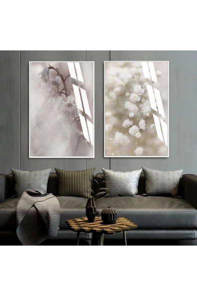 Harikabirev HARİKABİREV|SOFT BEYAZ ÇİÇEK MODELİ YENİ 01 |ÇERÇEVELİ CAM TABLO  2Lİ DİKEY ürün görseli