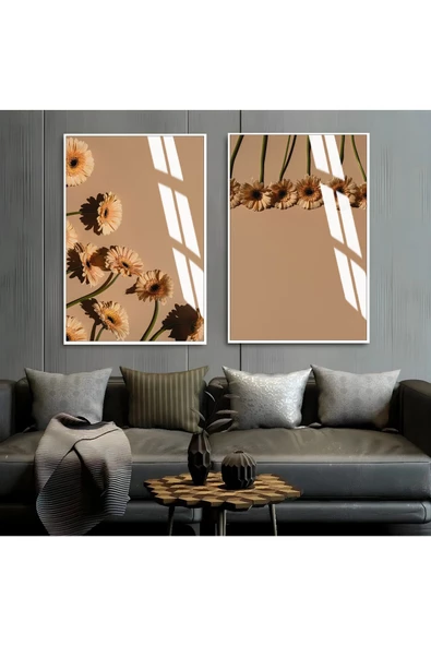 Harikabirev HARİKABİREV|BEJ RENK ÇİÇEK KOMBİNİ YENİ |ÇERÇEVELİ CAM TABLO 2Lİ DİKEY