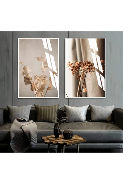 Harikabirev HARİKABİREV|KAHVE-BEYAZ KURU ÇİÇEK KOMBİNİ |ÇERÇEVELİ CAM TABLO  2Lİ DİKEY ürün görseli