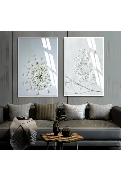 Harikabirev HARİKABİREV|BEYAZ SOFT RENK ÇİÇEK KOMBİNİ 1 YENİ|ÇERÇEVELİ CAM TABLO  2Lİ DİKEY ürün görseli