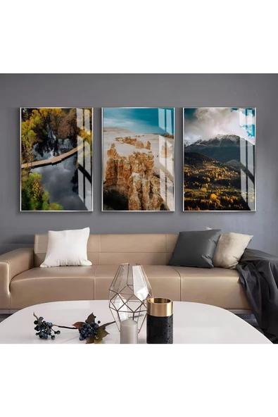 Harikabirev HARİKABİREV|SONBAHAR SEVİLEN MANZARA KOMBİN YENİ|ÇERÇEVELİ CAM TABLO 3LÜ DİKEY ürün görseli