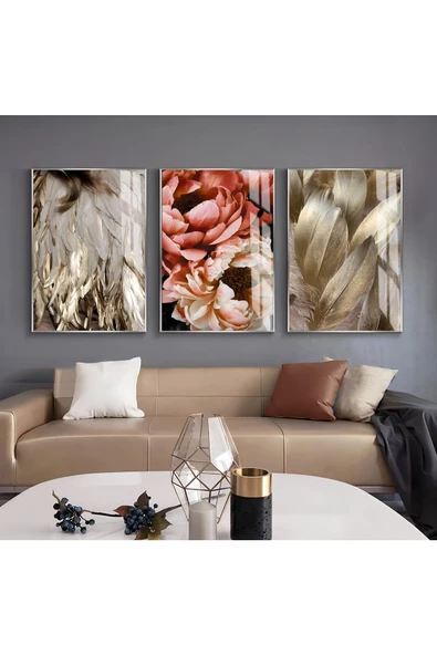 Harikabirev HARİKABİREV|SİYAH-GOLD RENK SOYUT ŞAKAYIK VE YAPRAK KOMBİN|ÇERÇEVELİ CAM TABLO 3LÜ DİKEY ürün görseli