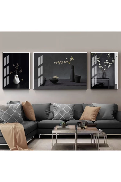 Harikabirev HARİKABİREV|SİYAH-BEYAZ MUMLU TÜTSÜLÜ KOMBİN|ÇERÇEVELİ TEMPERLİ CAM TABLO 3LÜ YATAY